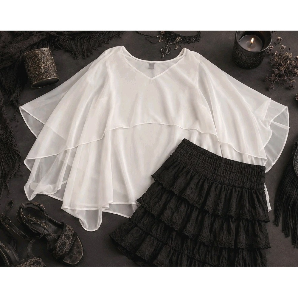 Chico's Black Label Size 1 Medium White Sheer Flowy Cape Sleeve Blouse Dressy - Picture 7 of 7